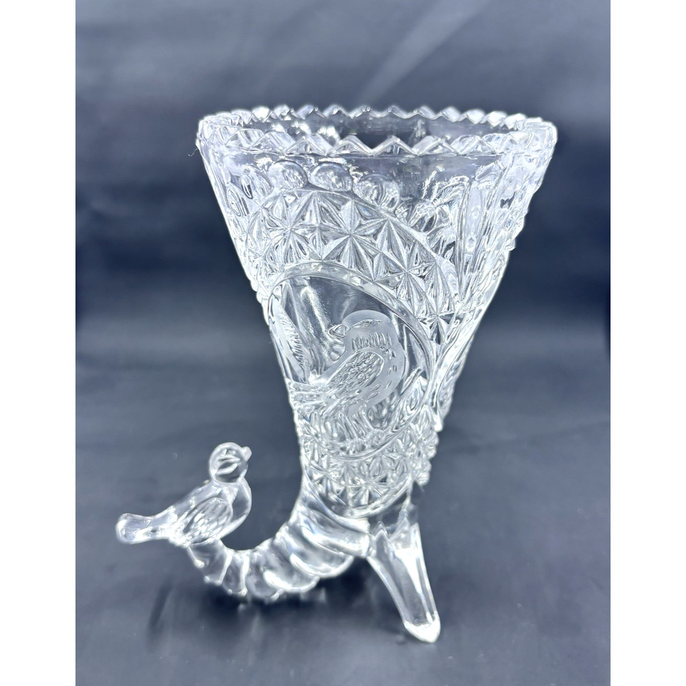 VTG Hofbauer Byrdes Lead Crystal Cornucopia Vase with Etched Birds -West Germany